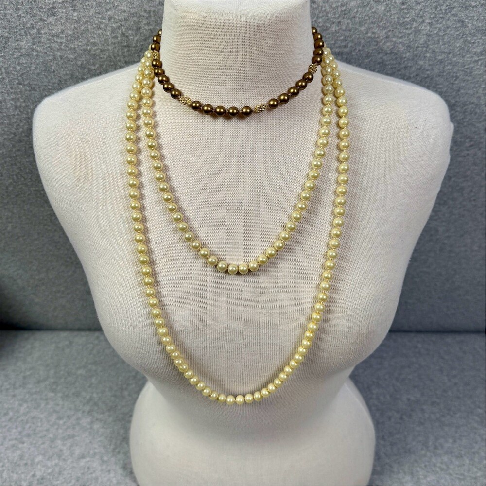 2pc Vintage Faux Pearl Necklace Set Long Cream Strand & Choker
